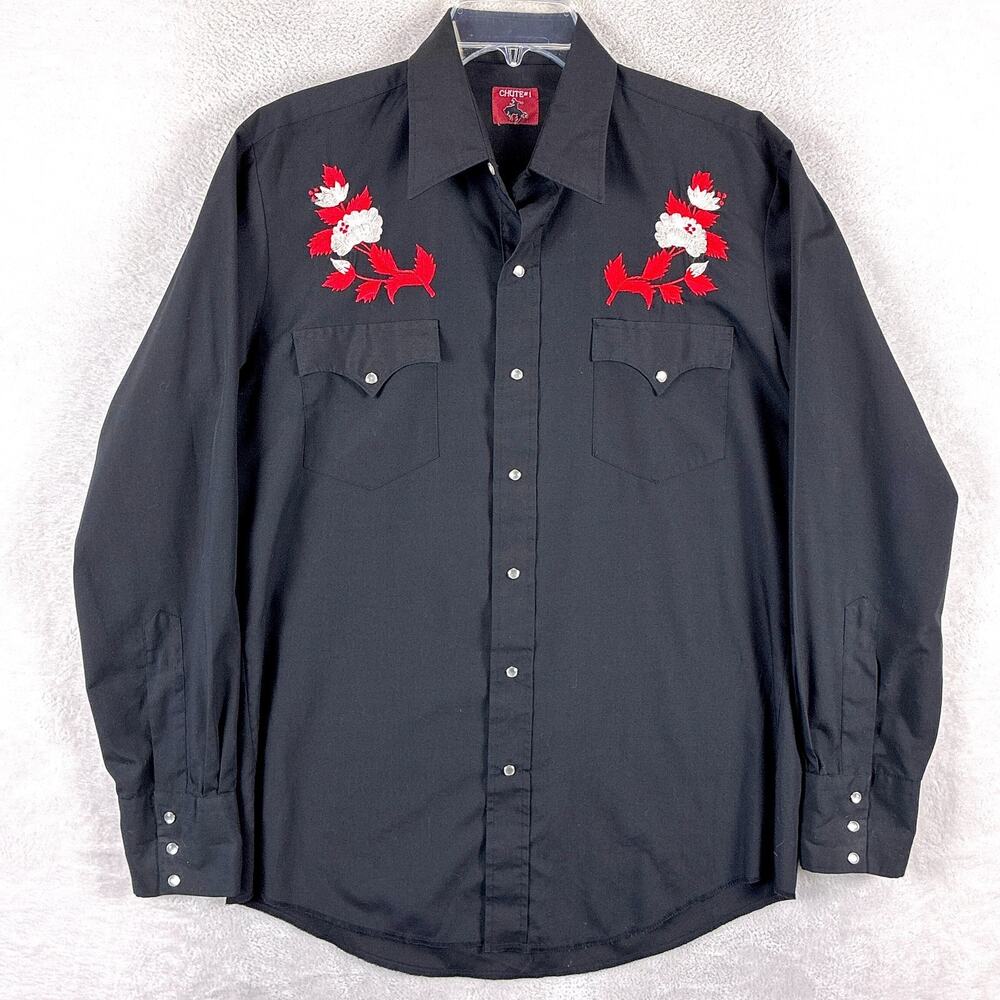 VTG Chute #1 Western Shirt Mens L Black Red Embroidered Pearl Snap Cowboy Rodeo